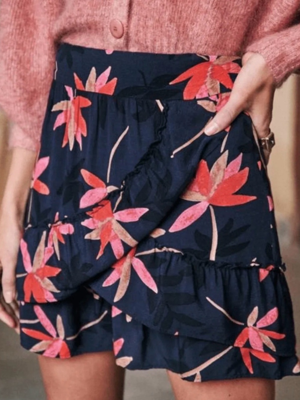 Sezane Floral Carolina Mini Skirt Women's Navy Floral Ruffle
